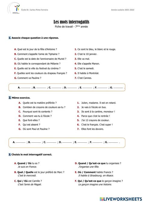 The French Language Worksheet For Students To Practice Their English