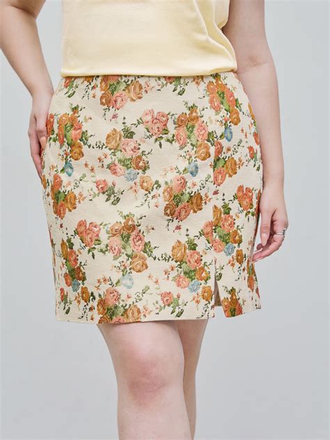 Jacquard Middle Waist Floral Slit Mini Skirt Curve And Plus Cider