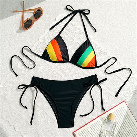 Stripe Print Halter Swimsuit Black Stripe Bikini Printed Stripe Sexy Bikini Two Piece Bikini