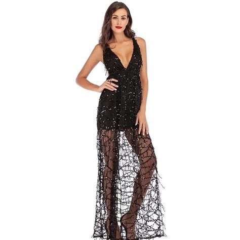 MUXU Mode Noir Sequin Robe Sexy Transparent Robe Femme Longue Robe