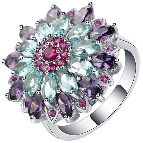 Beautiful Cubic Zirconia Colorful Flower Rings Female White Gold Filled