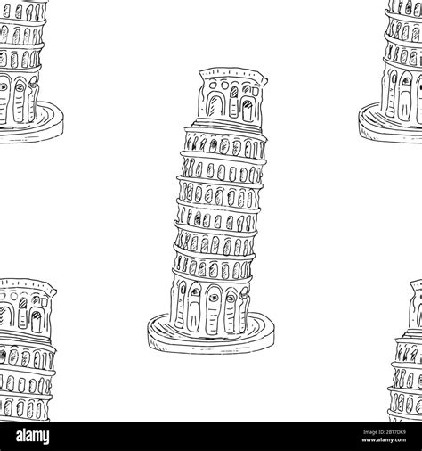 Leaning Tower Of Pisa Seamless Pattern Hand Drawn Sketched Background