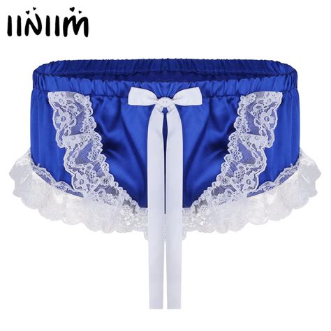 Gay Mens Underwear Lingerie Night Gay Panties Shiny Soft Satin Ruffled Lace Floral Cute Bowknot