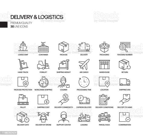 簡單的交付和物流相關向量行圖示集大綱符號集合向量圖形及更多圖示圖片 圖示 貨運 船運 Istock