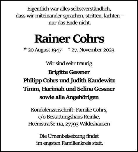 Traueranzeigen Von Rainer Cohrs Trauer Gedenken