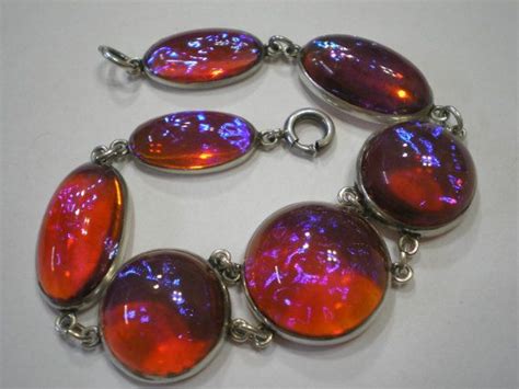 Vintage Sterling Silver Dragons Breath Seven Glass Opal Stone Bracelet