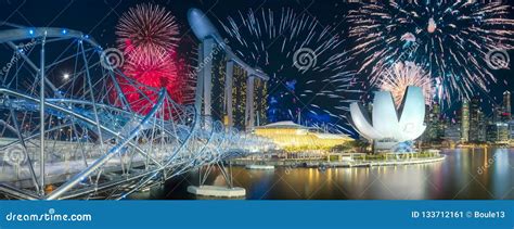 Beautiful Fireworks Above Marina Bay in Singapore Stock Image - Image ...