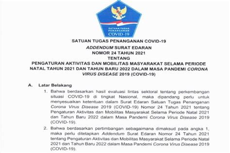 Addendum Satgas Covid 19 Tentang Pengaturan Aktivitas Dan Mobilitas