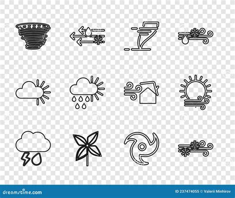 Set Line Cloud With Rain And Lightning Wind Snow Tornado Pinwheel