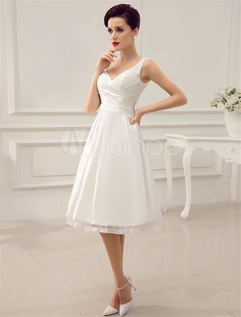 Ivory V Neck Backless Pleated Satin Short Wedding Dress Ivory Wedding