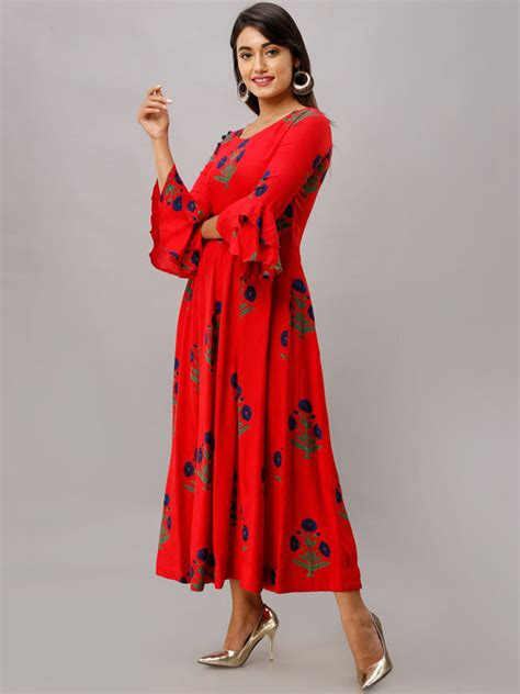 Description Kalini Women Red Navy Blue Floral Printed Flared Sleeves