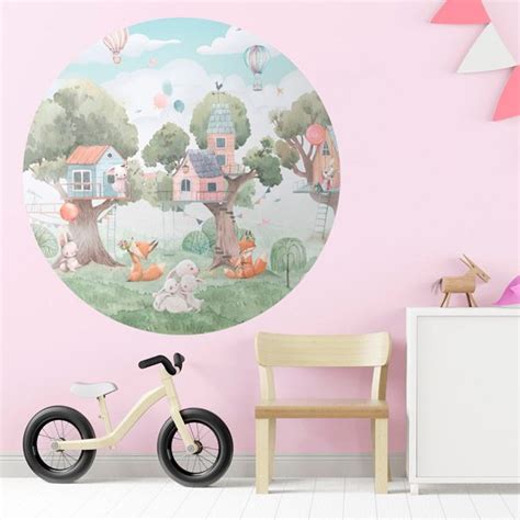 Vinilo Circular Decorativo Ciudad Infantil En El Bosque Teleadhesivo