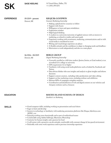 Marketing Internship Resume Samples Velvet Jobs