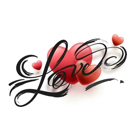 Love Calligraphy Written By Black Paintbrush With 3D Red Hearts On ...