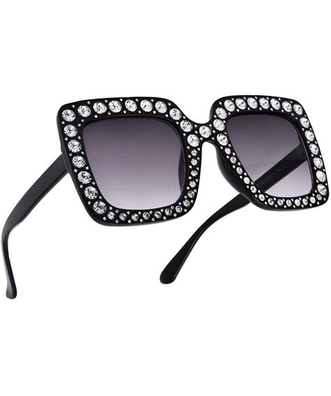 Elton Square Diamond Rhinestone Sunglasses Novelty Oversized Celebrity Shades Black Frame