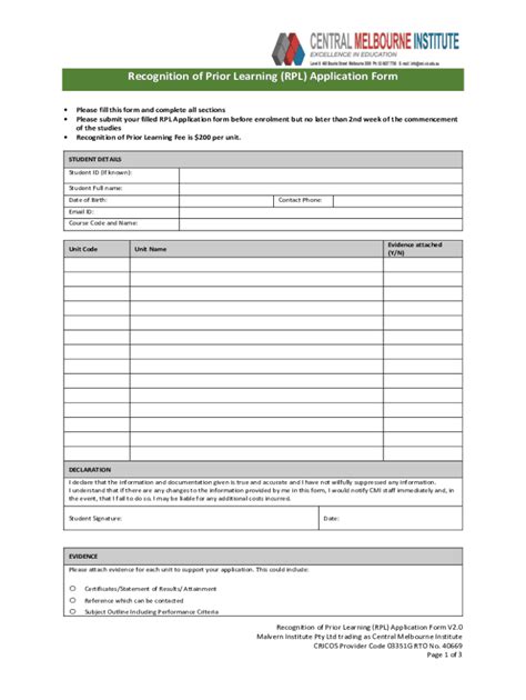 Fillable Online Cmi Vic Edu Recognition Of Prior Learning And Credit