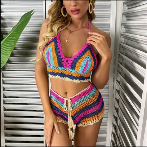 Multi Colored Crochet Two Piece Bikini Cover Up Gem