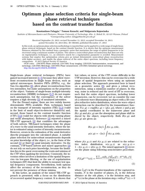 optimum plane selection criteria  single beam phase retrieval