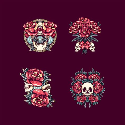 Premium Vector Skull And Roses Illustration Pack