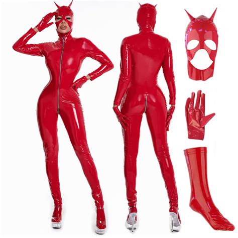 Jual Wetlook Faux Leather Jumpsuit Suit For Women Sexy Cat Woman Cosplay Costumes Long Sleeve