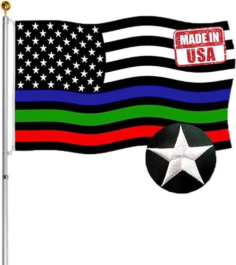 Embroidered Thin Red Blue Green Line Us Flags 3x5 Ft Outdoor Vivid 200d Nylon