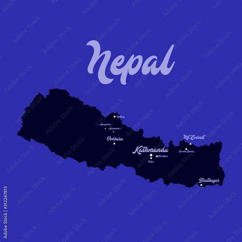 Detailed blue flat map of Nepal country with main tourist cities and ...