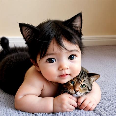 Premium Photo | Baby and cute cat playing