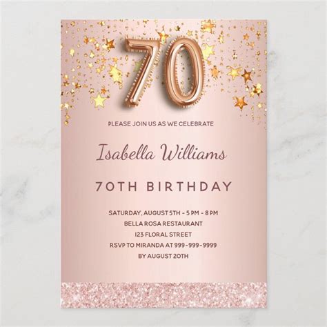 70th Birthday Rose Gold Pink Stars Balloon Script Invitation Size 5 X