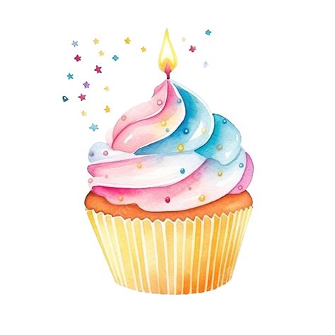 Cupcake With Birthday Candle In Watercolor Cupcake Birthday Party