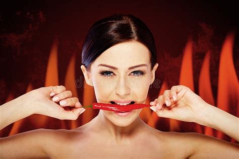 Beautiful Woman Hot Spicy Chili Fire Background Stock Photos Free Royalty Free Stock Photos