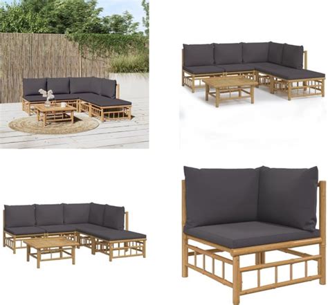 VidaXL 6 Delige Loungeset Met Kussens Bamboe Donkergrijs Loungeset