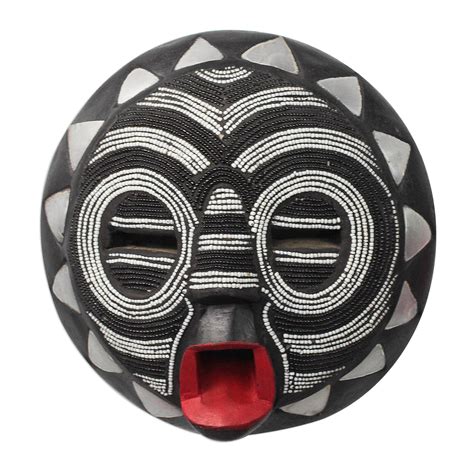 Unicef Market Black And White Glass Beaded African Wood Mask From