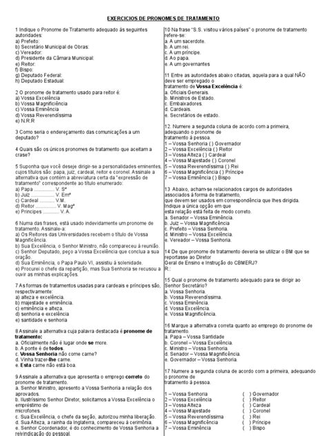 Pronomes De Tratamento Exercícios - Exercícios sobre Pronomes de Tratamento | PDF | Líder religioso | Papa