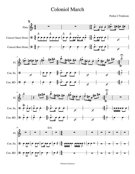 Colonial March Sheet Music For Flute Snare Drum Bass Drum Marching