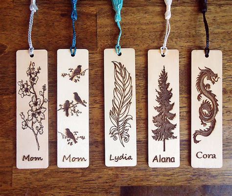 Personalized Wood Burned Bookmarks Feather Cherry Blossoms Birds