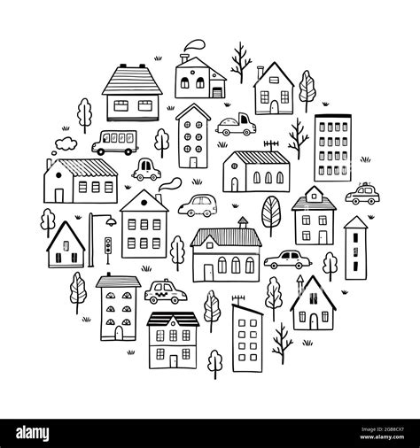 Hand Drawn Cute House Doodle Sketch Style Town House Building With