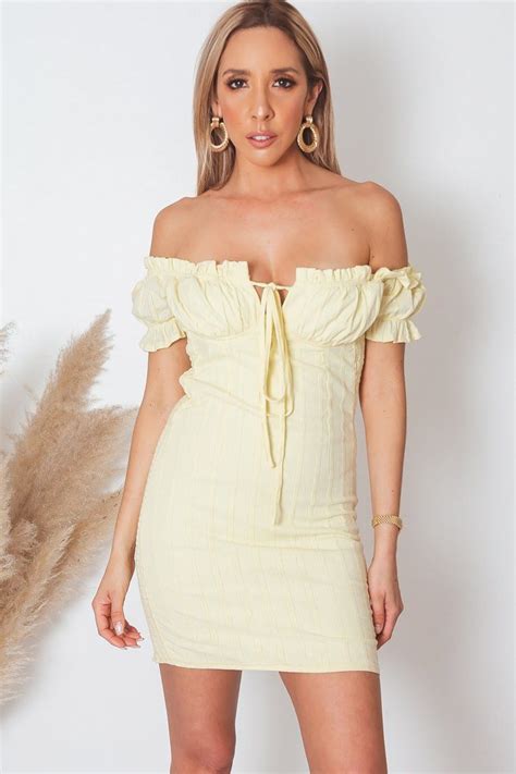 Off Shoulder Ruched Mini Dress Yellow Mini Dress Yellow Dress Dresses