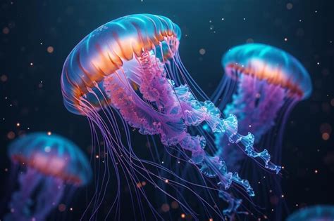 Premium Photo Ethereal Jellyfish Illuminate The Dark Ocean With An