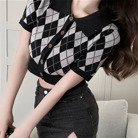 Itgirl Shop Aesthetic Clothing Black White Argyle Pattern Knit Crop