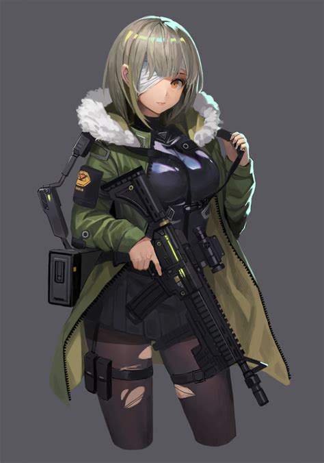 Safebooru 1girl Assault Rifle Bandage Over One Eye Belt Pouch Black Shirt Black Skirt Breasts