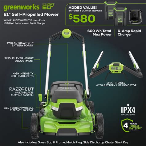 Greenworks 60v 21” Self Propelled Lawn Mower With 2 50 Ah Batteries And Rapid Charger 2546202