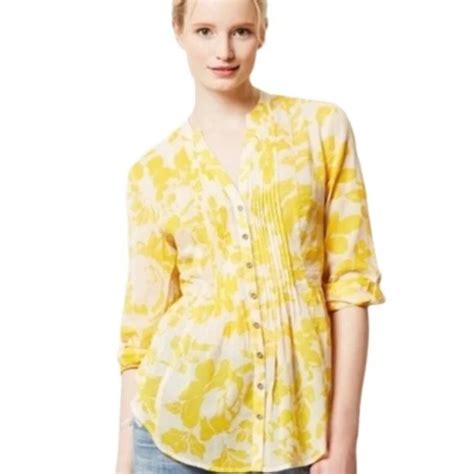 Anthropologie Tops Anthropologie Maeve Yellow Floral Pintuck Peplum