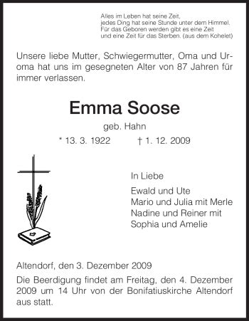 Traueranzeigen Von Emma Soose Trauer HNA De