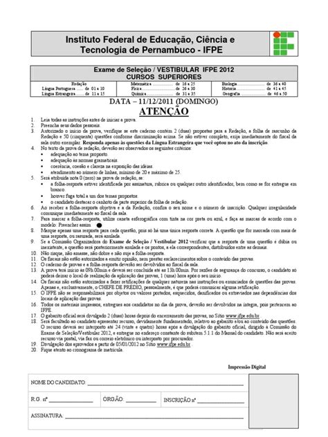 Provas Do Ifpe - Prova Vestibular IFPE 2012: Instruções e Conteúdos | PDF | Sangue | Malária