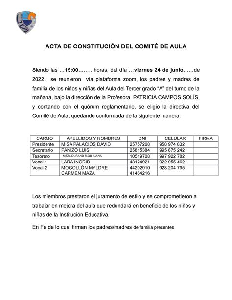 Acta De Constitución Del Comité De Aulaa Acta De ConstituciÓn Del