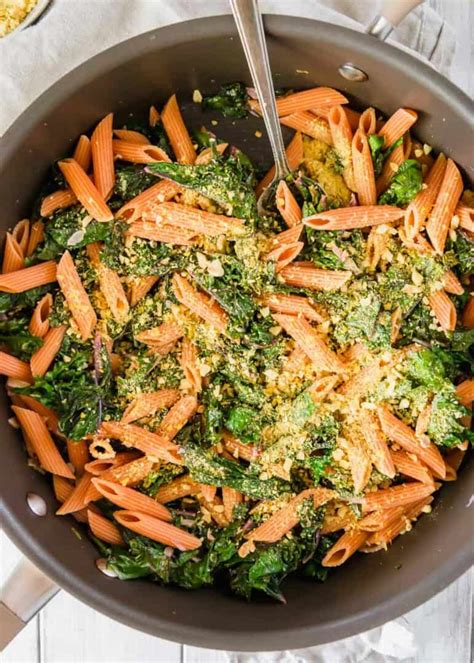 Red Lentil Pasta With Garlicky Lemon Greens And Walnuts