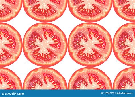 Vector Seamless Pattern Of Tomato Slices On White Background Stock