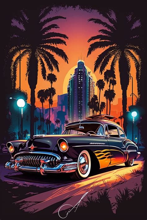 An Old Car Parked In Front Of A Palm Tree Lined Street At Night With