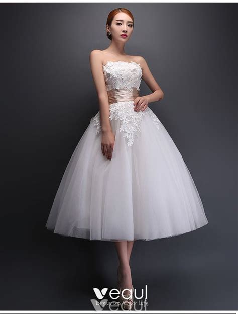 Strapless Applique Lace Flowers Tea Length Short Wedding Dress With