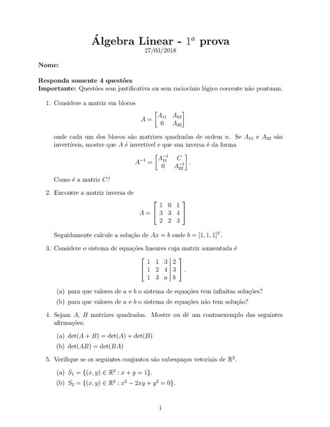 Prova 26 Março questões Algebra Linear 1a prova 27 03 2018 Nome